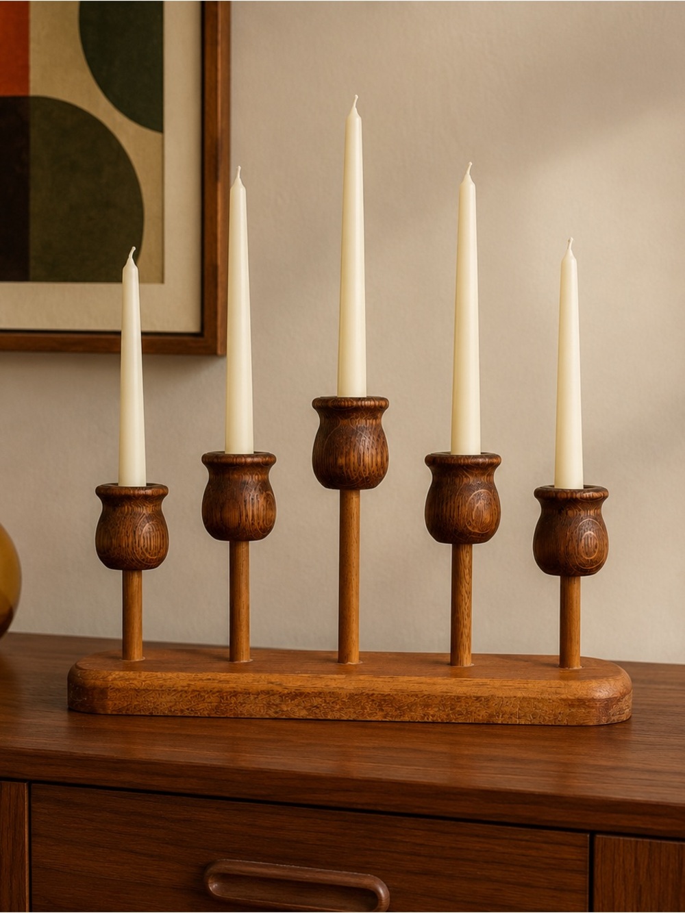 Vintage Wooden Five-Light Taper Candle Holder Tiered Tulip MCM Boho Centerpiece